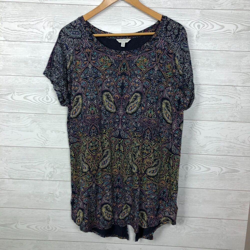Lucky Brand Women's 1X Paisley Print Short Sleeve Tee Shirt Split Back Casual